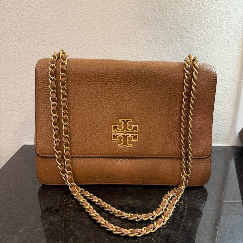 Tory Burch Tan Leather Shoulder Bag with Gold Chain